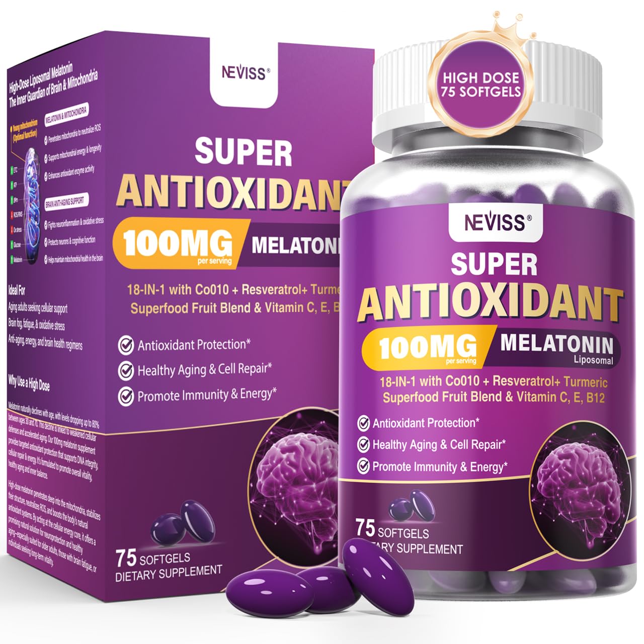 Melatonin 100mg Liposomal – Antioxidant & Cognitive Health, 75 Softgels