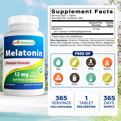 Best Naturals Melatonin 12 mg (365 Count Pack of 2) - Drug-Free Sleep Aid