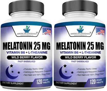 Melatonin 25mg Chewable Tablets with L-Theanine & Vitamin B-6 – 120 per Pack (Pack of 2) – Vegan, Non-GMO, Made in USA