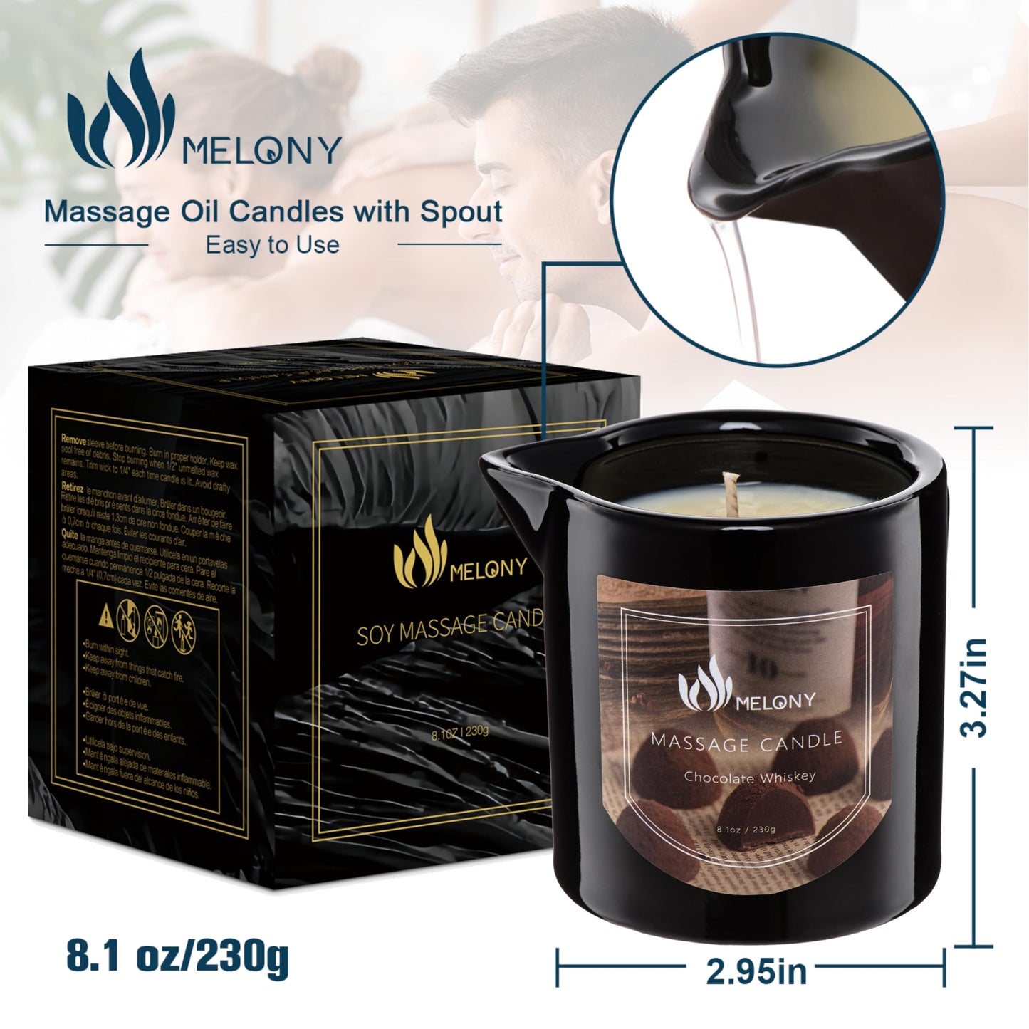 MELONY Massage Oil Candle | 4-in-1 Relaxation | Natural Soy Wax 8.1oz Chocolate Whiskey