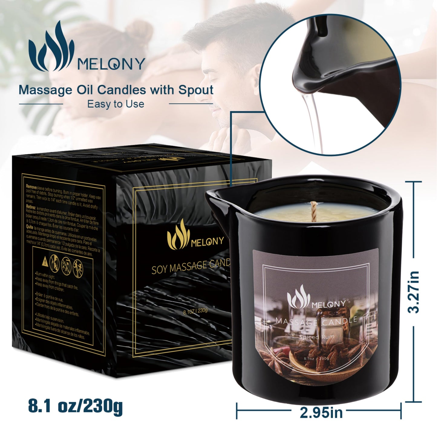 MELONY Massage Oil Candle – 8.1oz Spiced Rum | Natural Soy Wax for Calming & Relaxation