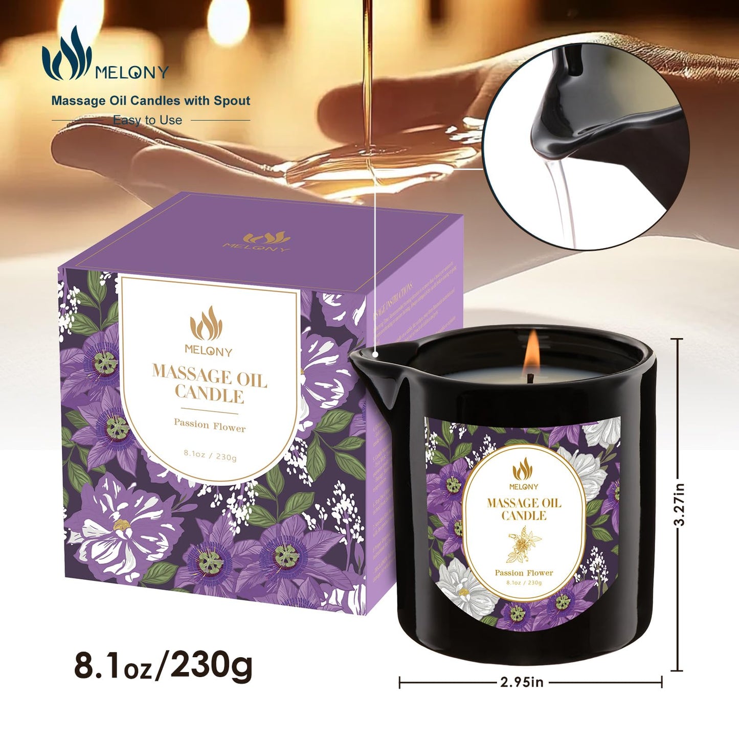 MELONY Massage Oil Candle – 8.1 oz / 230 g | Essential Oil Candle Lotion for Home Spa