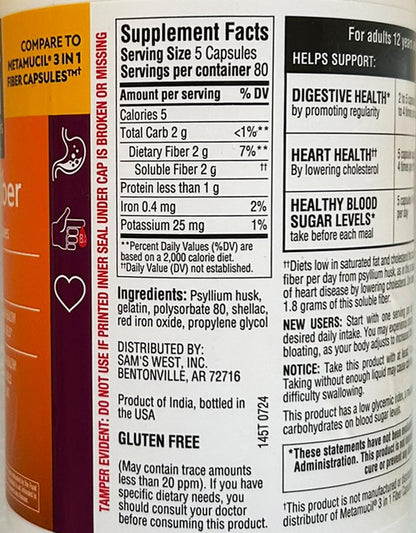 Member's Mark Fiber Capsules 2Pack (400 Count) – Psyllium Husk, Doctor-Recommended Fiber Supplement