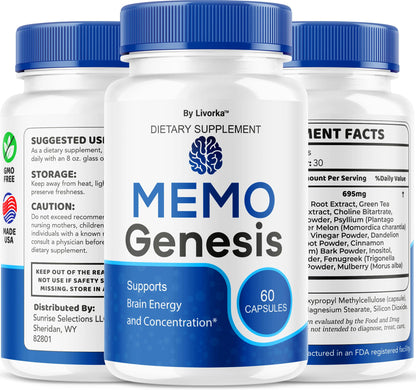 (2 Pack) Memo Genesis Capsules – Brain Health Daily Support, Natural Advanced Formula, 120 Capsules