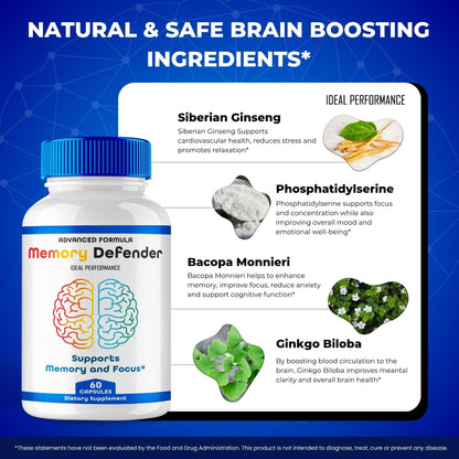 Memory Defender Capsules | MemoryDefender Brain & Memory Supplement Pills – 5 Pack