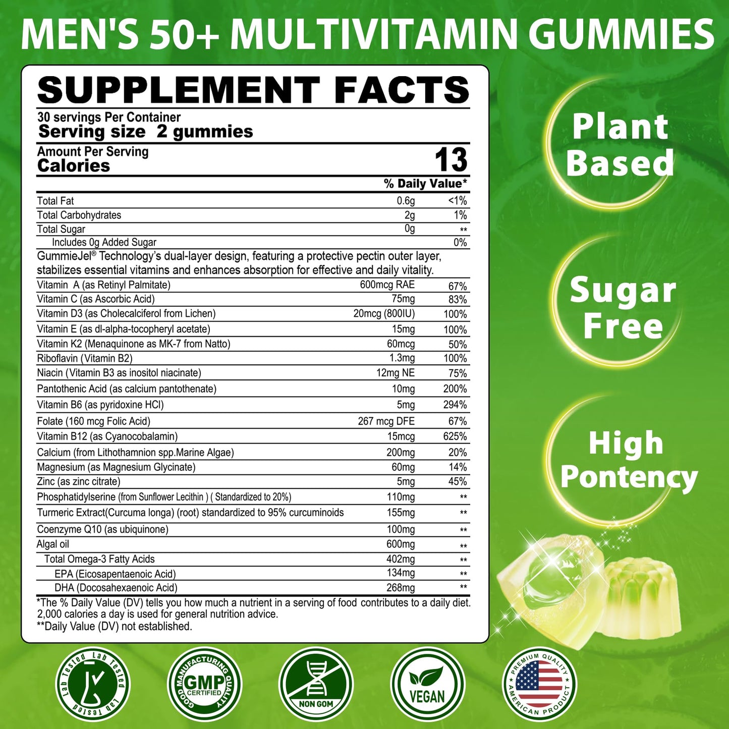 Men 50+ Sugar Free Multivitamin Gummies with Omega-3 CoQ10 D3K2 - 60 ct