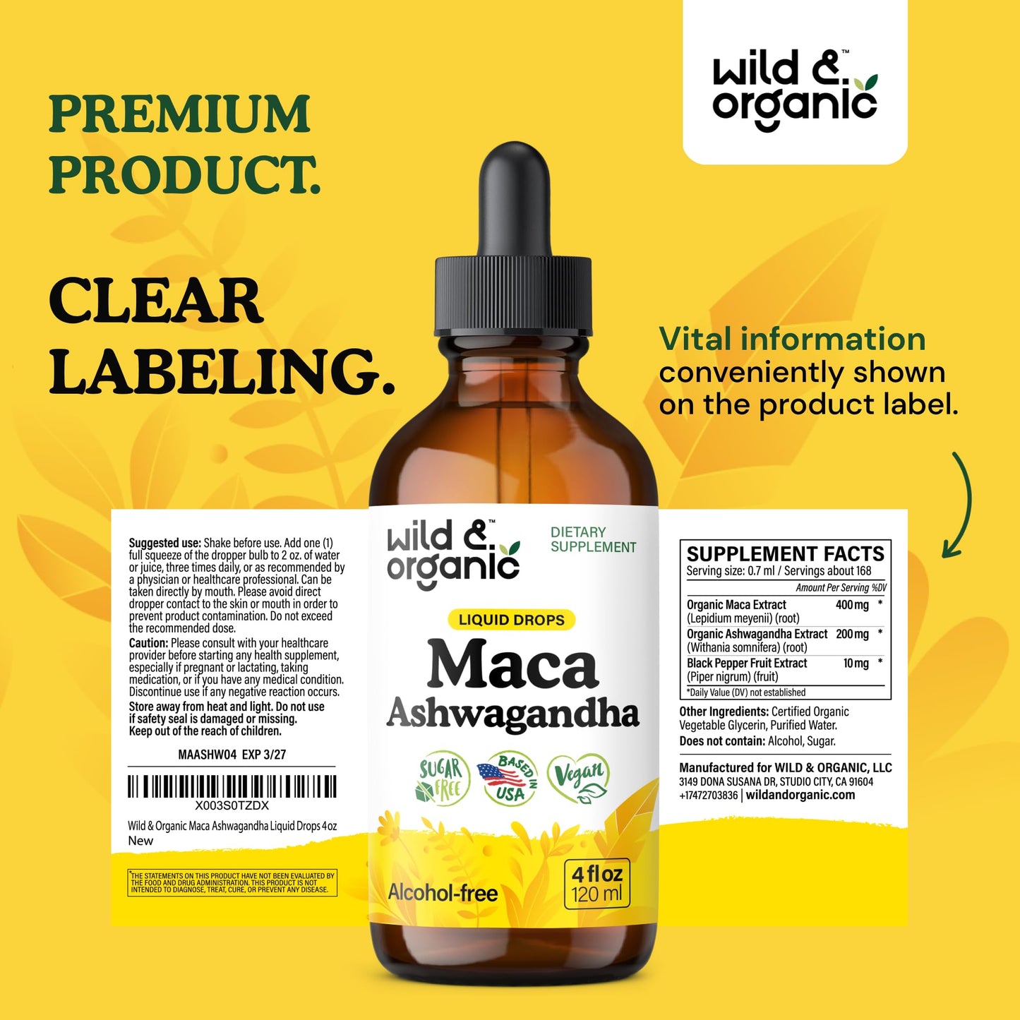 Wild & Organic Maca Root Ashwagandha Drops - 4 fl oz | Vegan, Sugar & Alcohol-Free Tincture for Men & Women