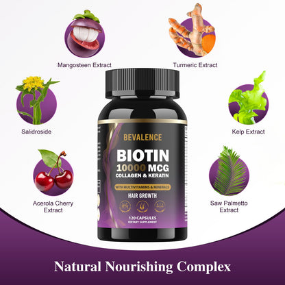 Biotin 10,000MCG Hair Growth Support – Collagen & Keratin – Hair Skin Nails Vitamins – 120 Capsules (2-Month Supply)