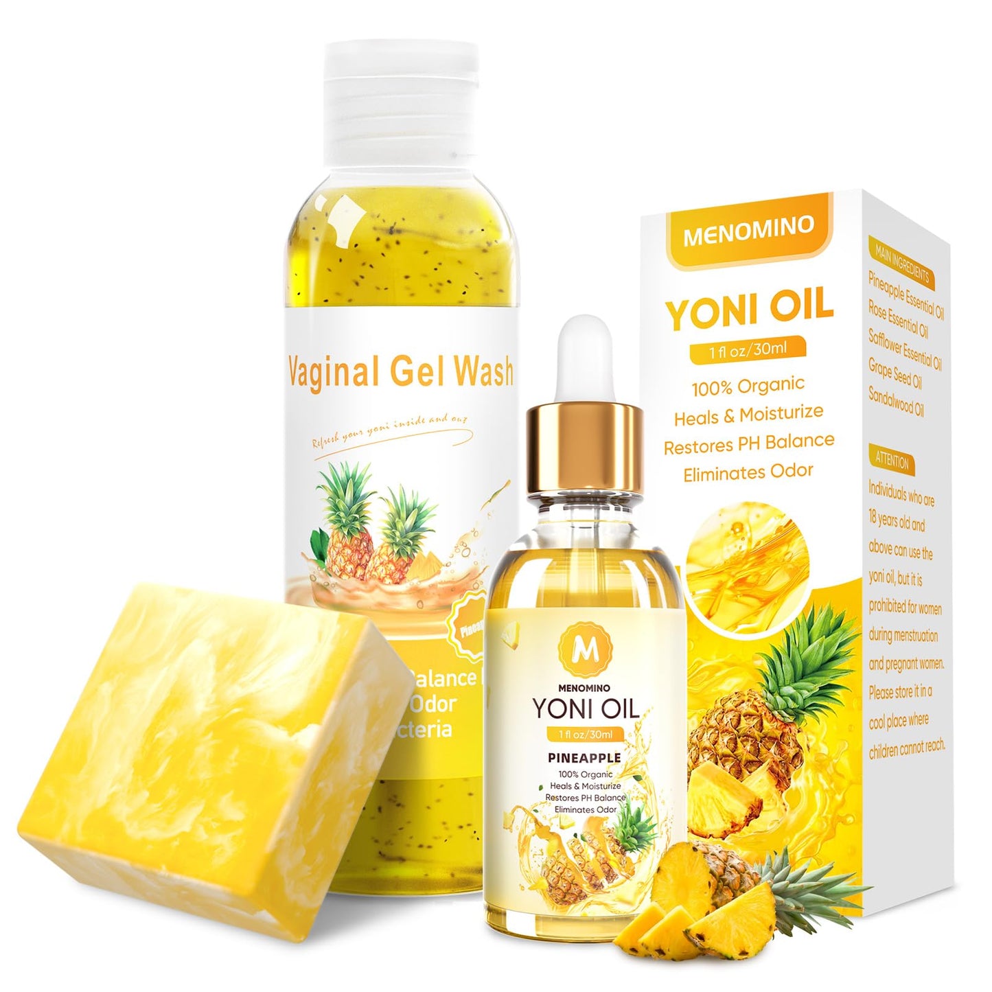 MENOMINO Pineapple Yoni Wash Set – pH-Balanced Feminine Wash, Yoni Bar & Yoni Oil