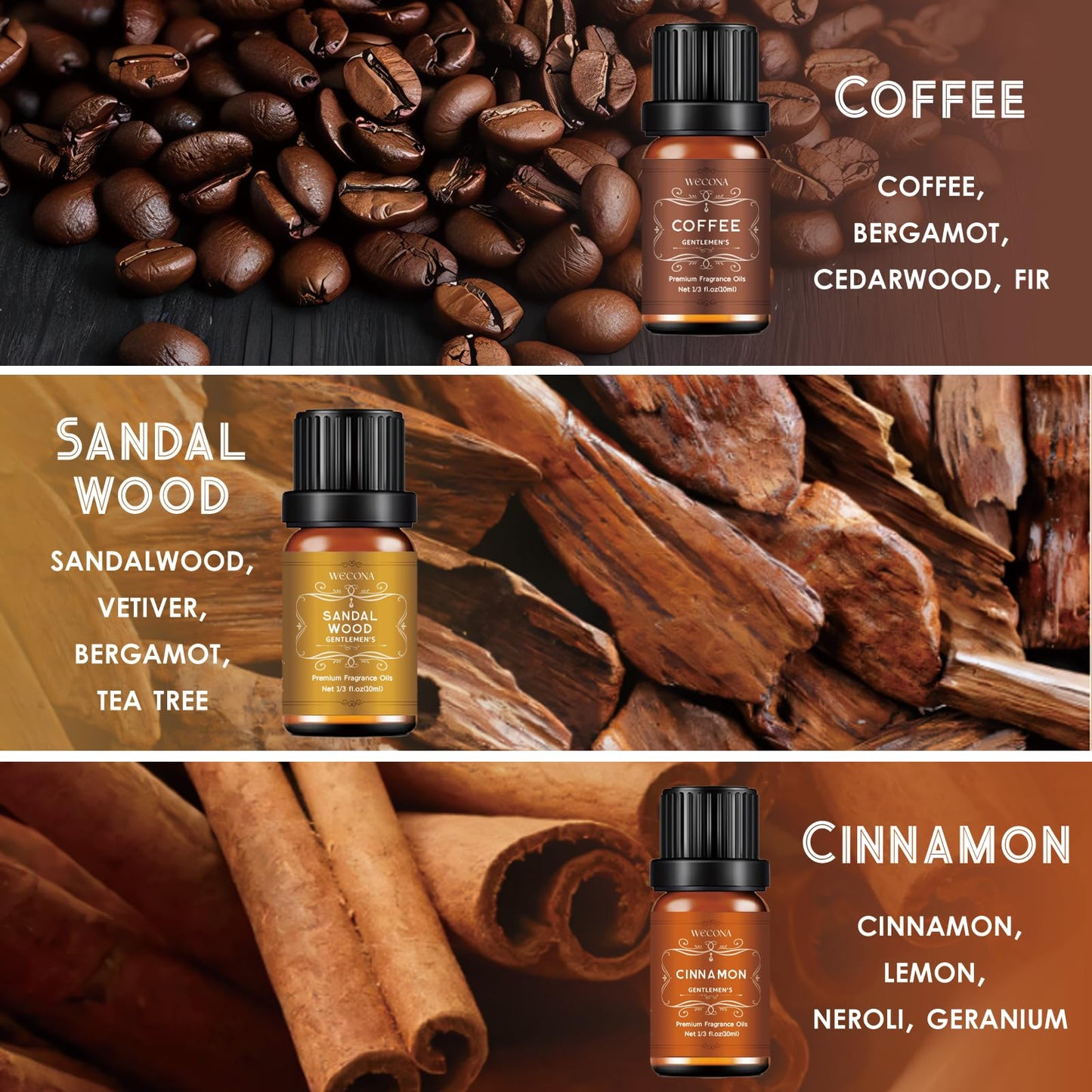 Men's Essential Oils for Diffusers & Candle Making - 6x10ml Leather, Sandalwood, Coffee, Cedarwood, Cinnamon & Amber