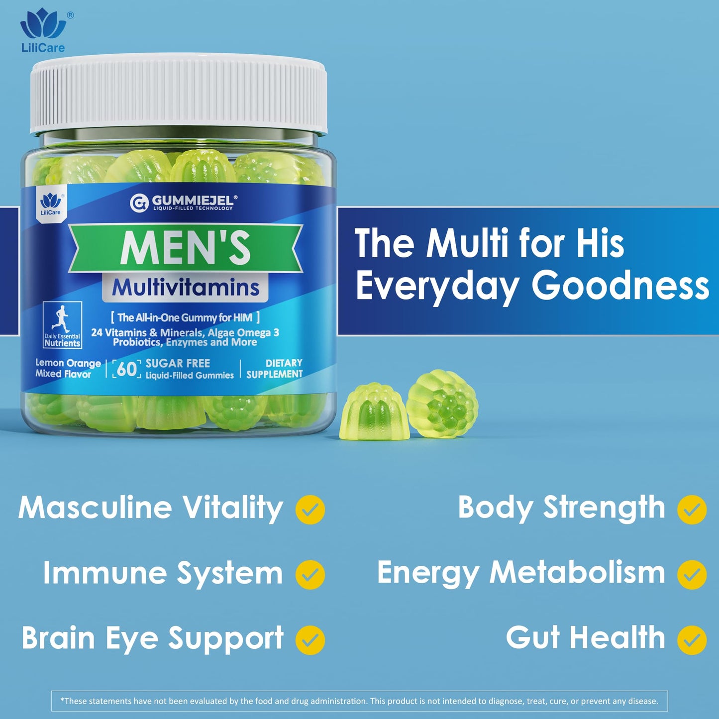 Mens Multivitamins Gummies - Multiminerals, Vegan Omega-3, Probiotics (60 count)