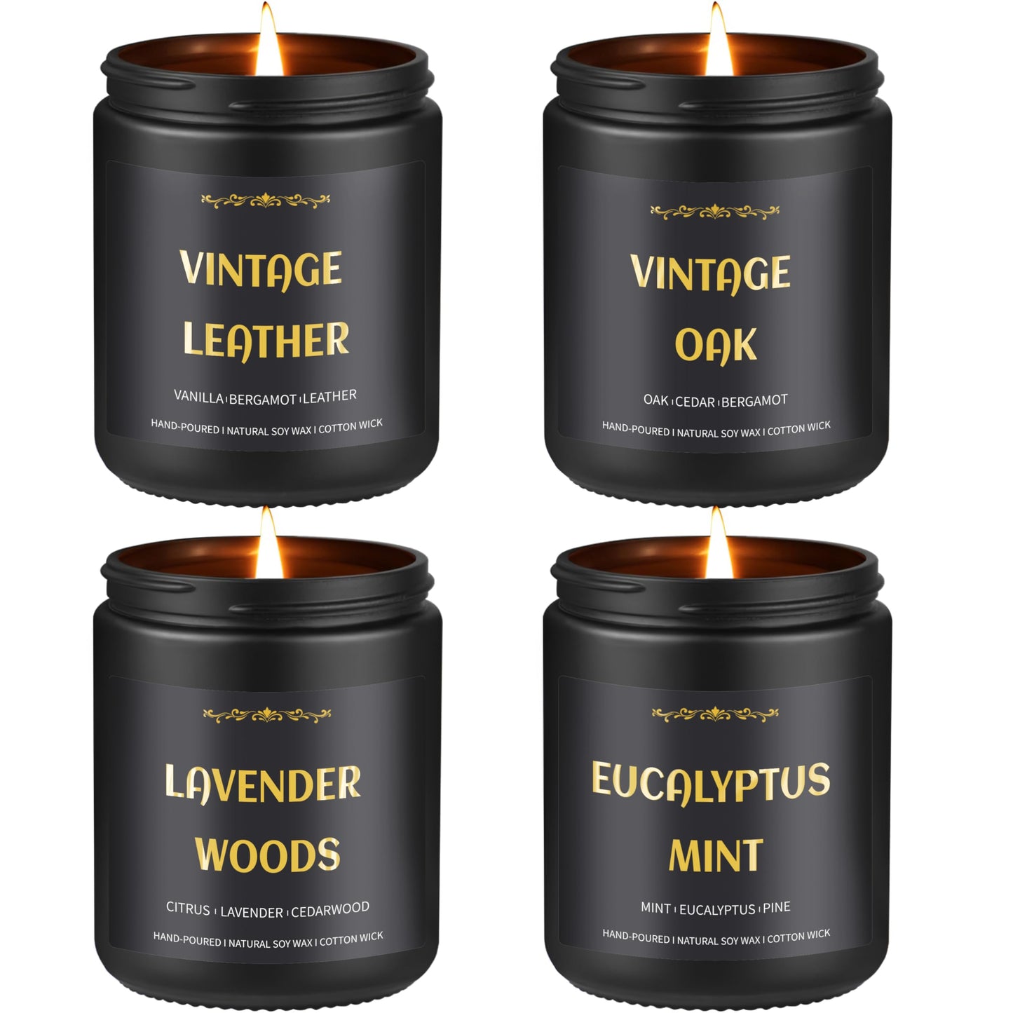 Men's Scented Candles - 4 Pack Soy Candles (28oz, 200h) Leather, Oak, Lavender & Eucalyptus