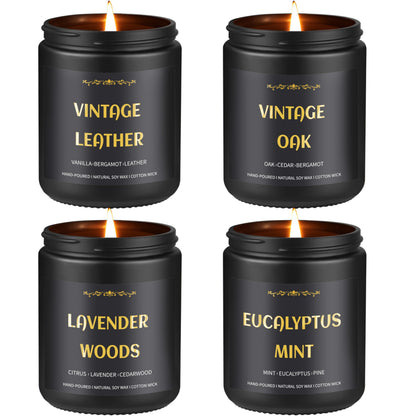 Men's Scented Candles - 4 Pack Soy Candles (28oz, 200h) Leather, Oak, Lavender & Eucalyptus