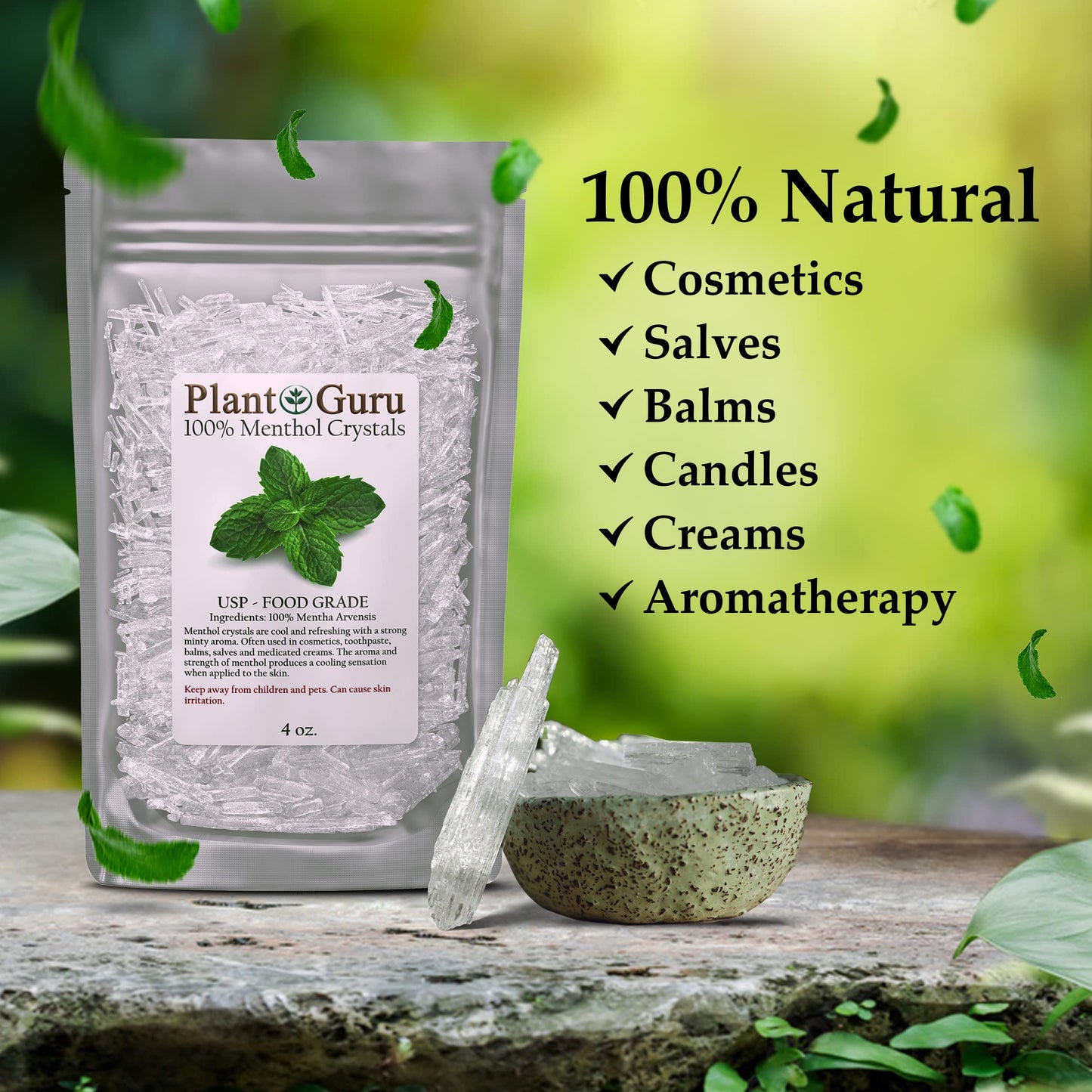 Menthol Crystals 4 oz – Mentha Arvensis 100% Pure Natural USP Food Grade for Cosmetics, Balms, Salves, Creams & Soap Making