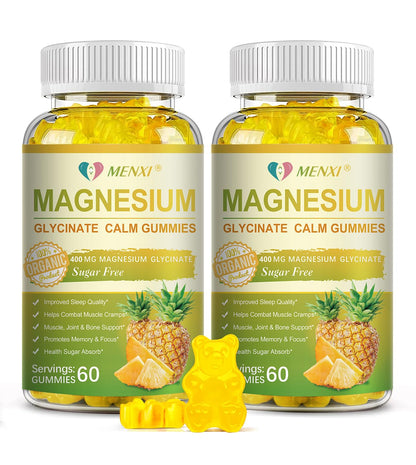 MENXI Magnesium Glycinate Gummies 400mg – Sugar Free Pineapple, Vitamin D, B6 & CoQ10 (120 Gummies)