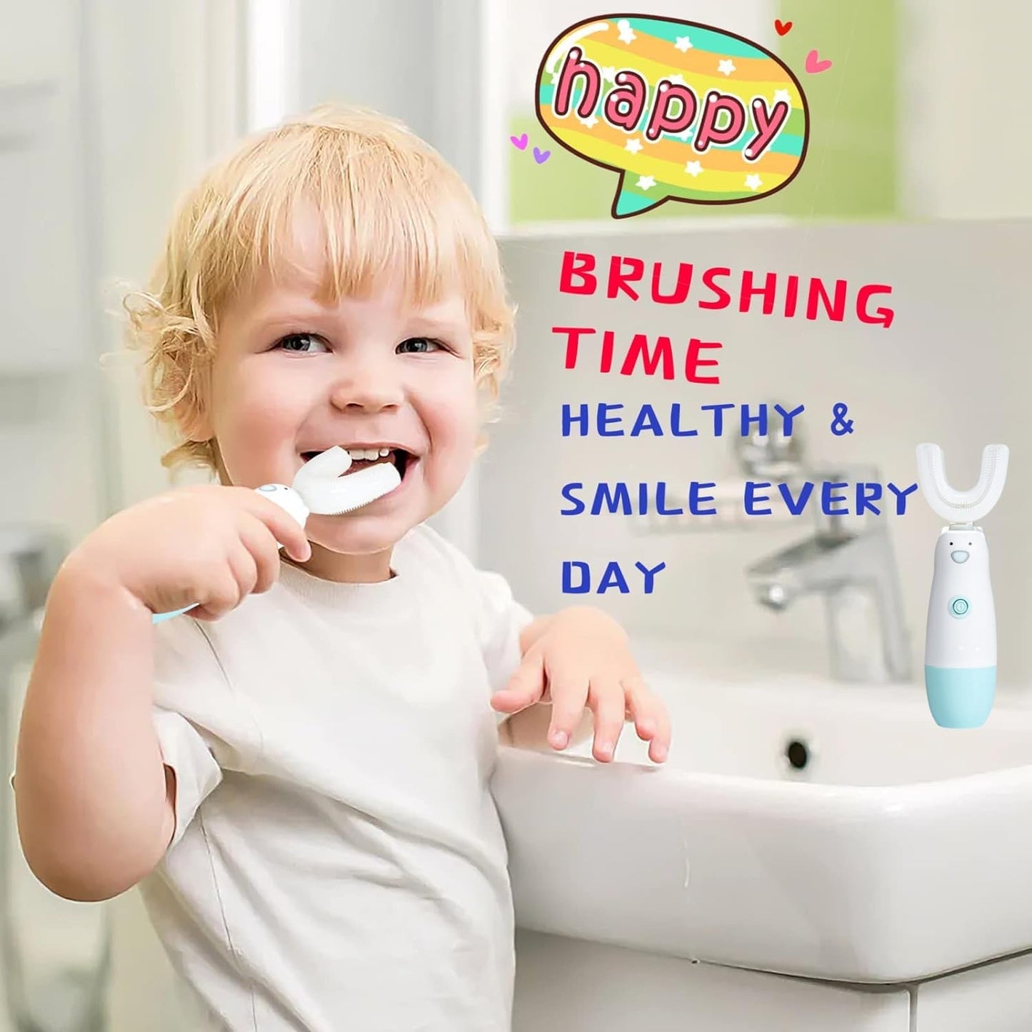 Meqtpomy Kids Electric Toothbrush – 360 U-Shaped Sonic Toothbrush for 2-7 Years Old (Blue) – Waterproof, Battery Powered + 2 Replacement Heads
