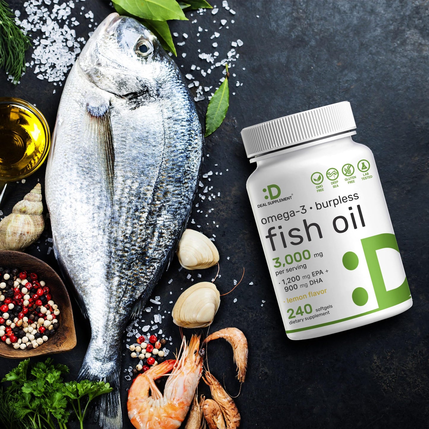 DEAL SUPPLEMENT Omega 3 Fish Oil – 3,000 mg per Serving, 240 Softgels, Burpless Lemon