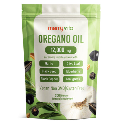 MERRY VITA Oregano Oil Capsules Organic – 12,000 mg, Black Seed, 300 Softgels | Vegan & Non-GMO