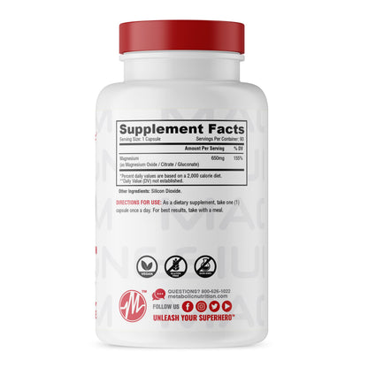 Metabolic Nutrition Magnesium 650mg per Serving | Non-GMO, Vegan, Gluten Free | 90 Capsules