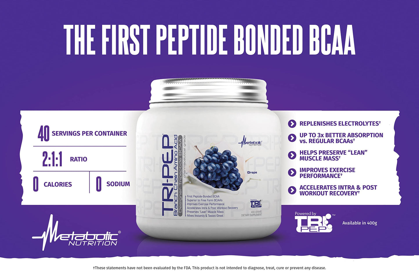 Metabolic Nutrition Tri-Pep BCAA Powder - Grape, 400g (40 Servings)