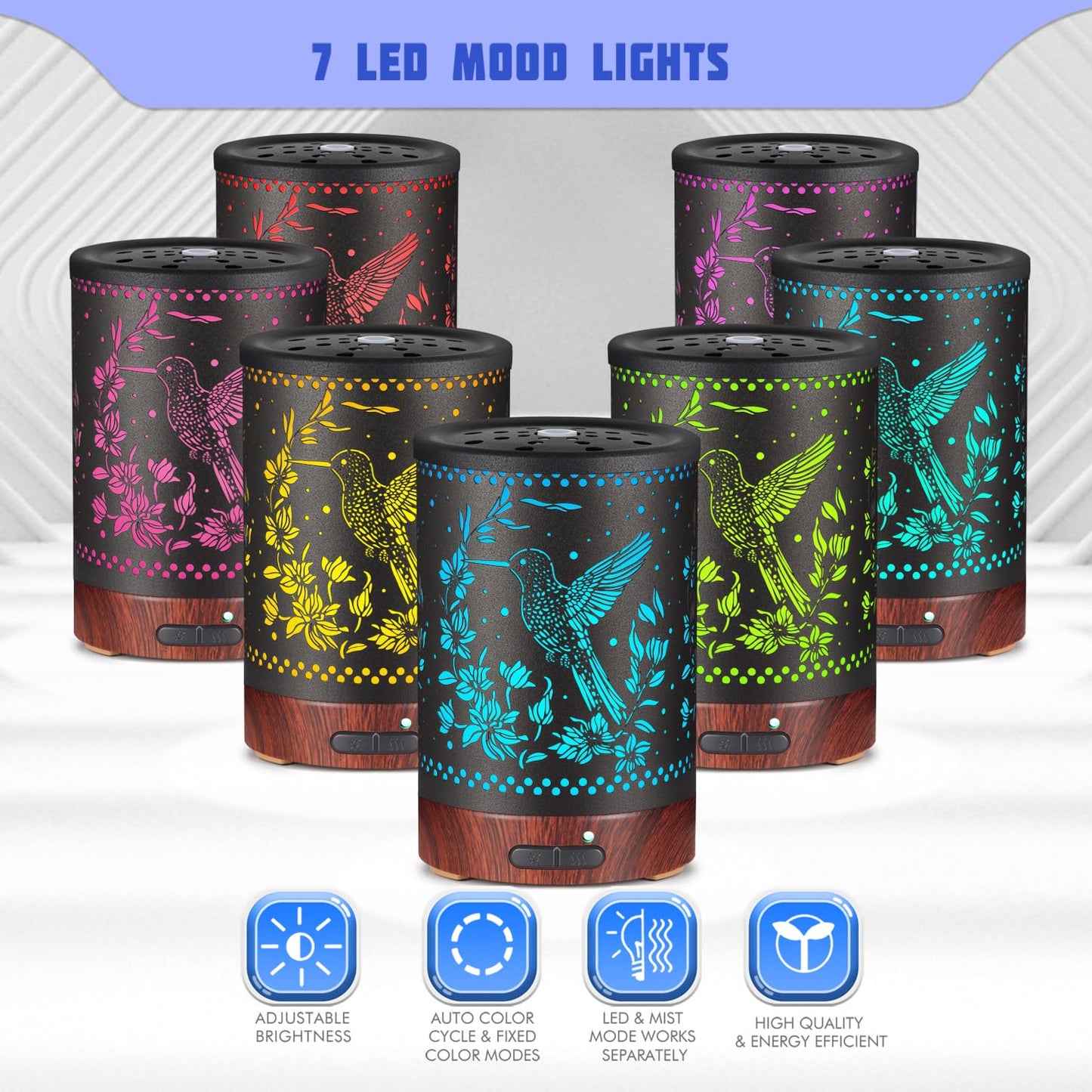 Metal Essential Oils Diffuser 150ML – Aromatherapy Cool Mist with 7-Color LED Lights & Auto Off