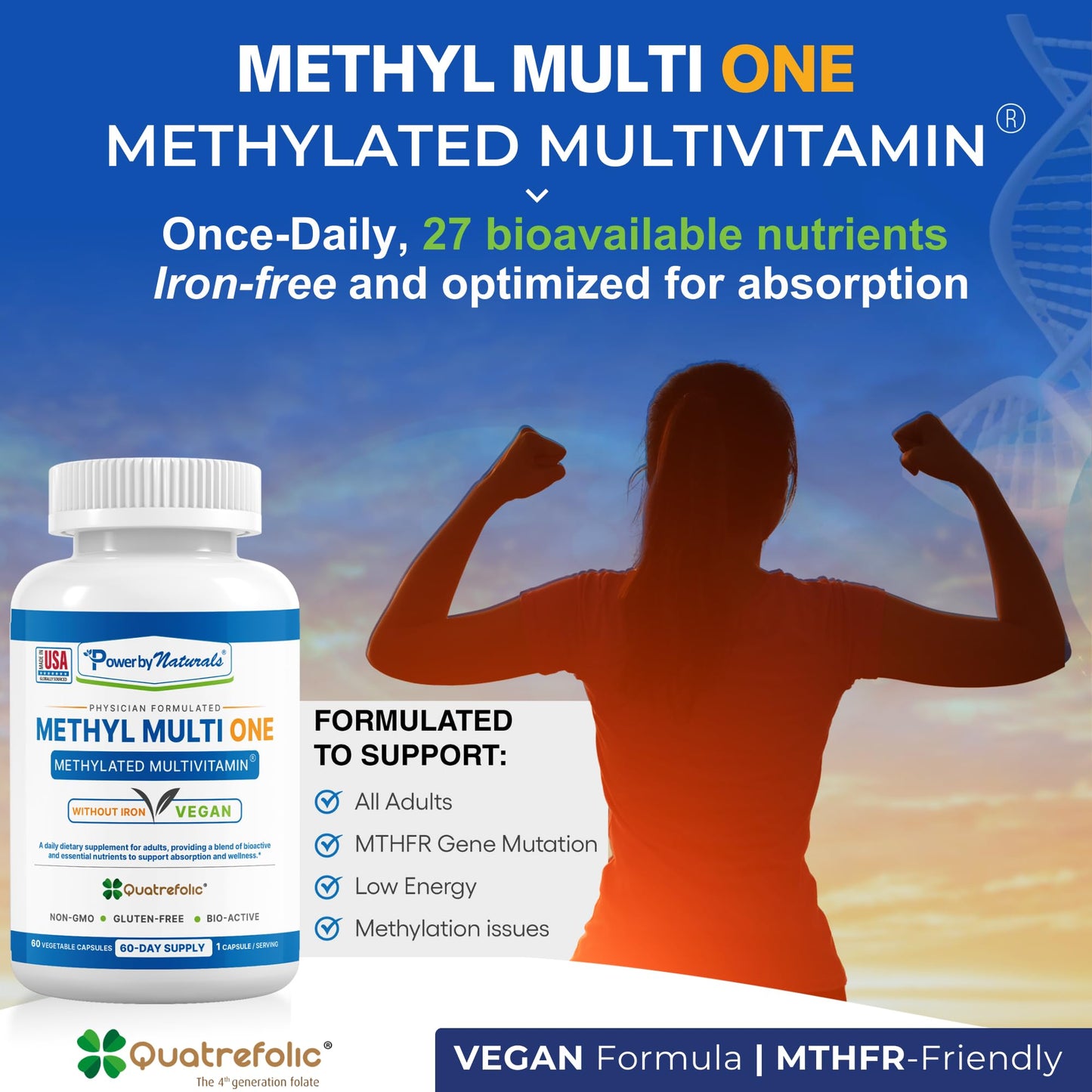 Power By Naturals Methyl Multi One – Iron-Free Methylated Multivitamin for Energy & MTHFR Support (60 capsules, 2-pack)