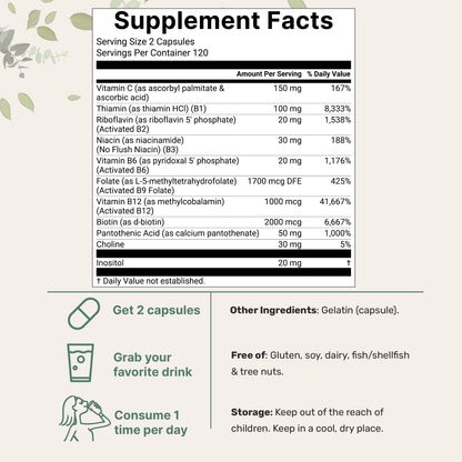 Micro Ingredients Pure Methylated B Complex – 240 Capsules | 11-in-1 B Vitamins with Methylfolate & Methylcobalamin | Non-GMO