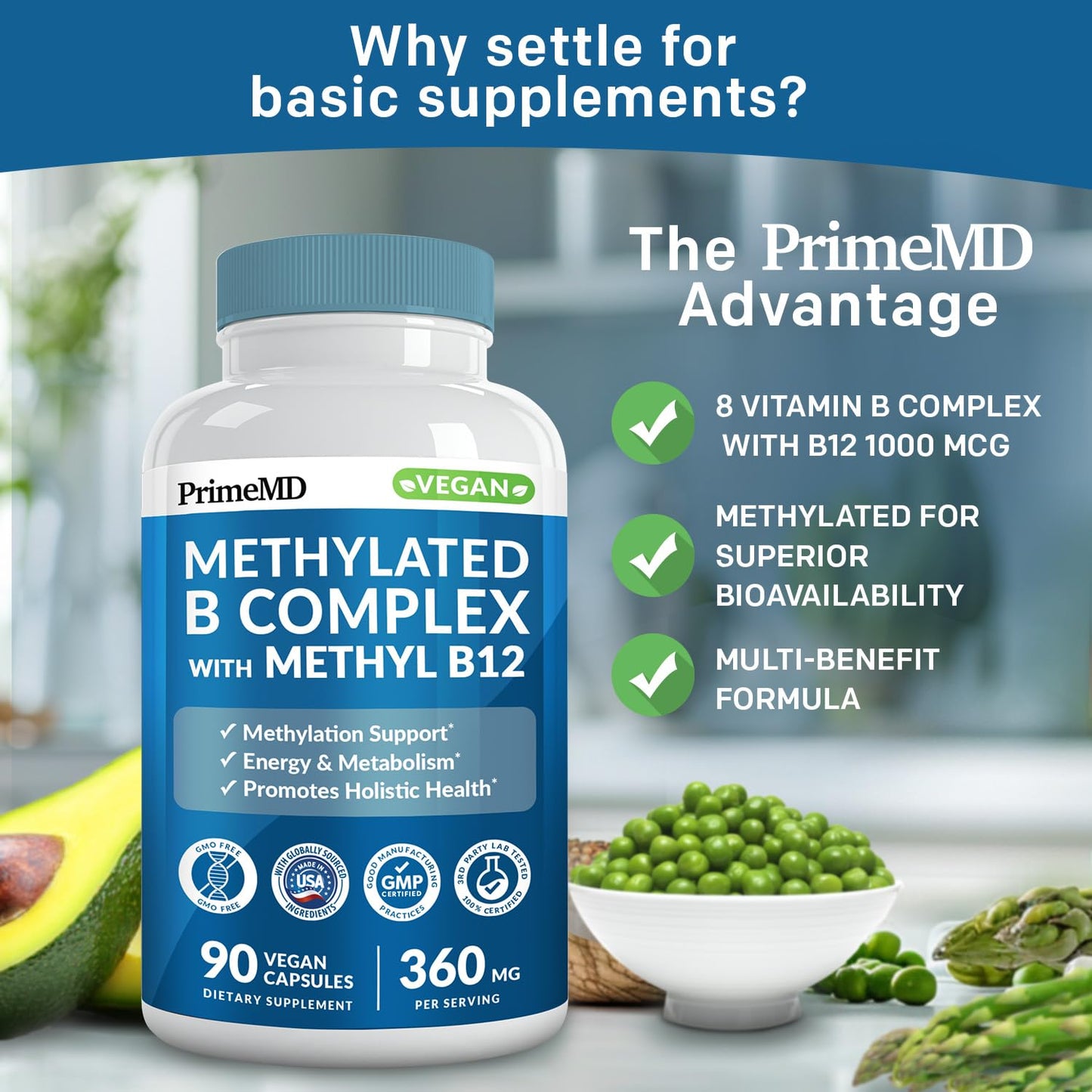 Methylated B Complex with Methylfolate and B12 Methylcobalamin 1000 mcg - Methylated Multivitamin for Energy, Brain Function, and Wellness - Vitamin B Complex for Men & Women (90 Servings) (Pack of 1)