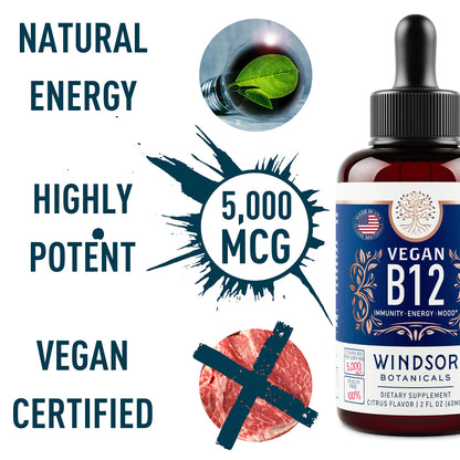 Vegan Vitamin B12 Liquid 5000 mcg | Sublingual Methylcobalamin Drops - 2oz