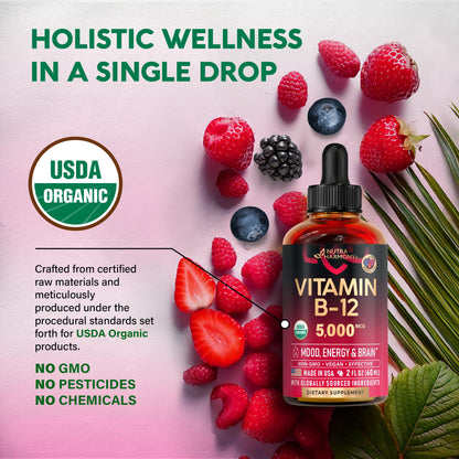 USDA Organic Vitamin B12 Sublingual Drops 5000 mcg – Vegan Methylcobalamin