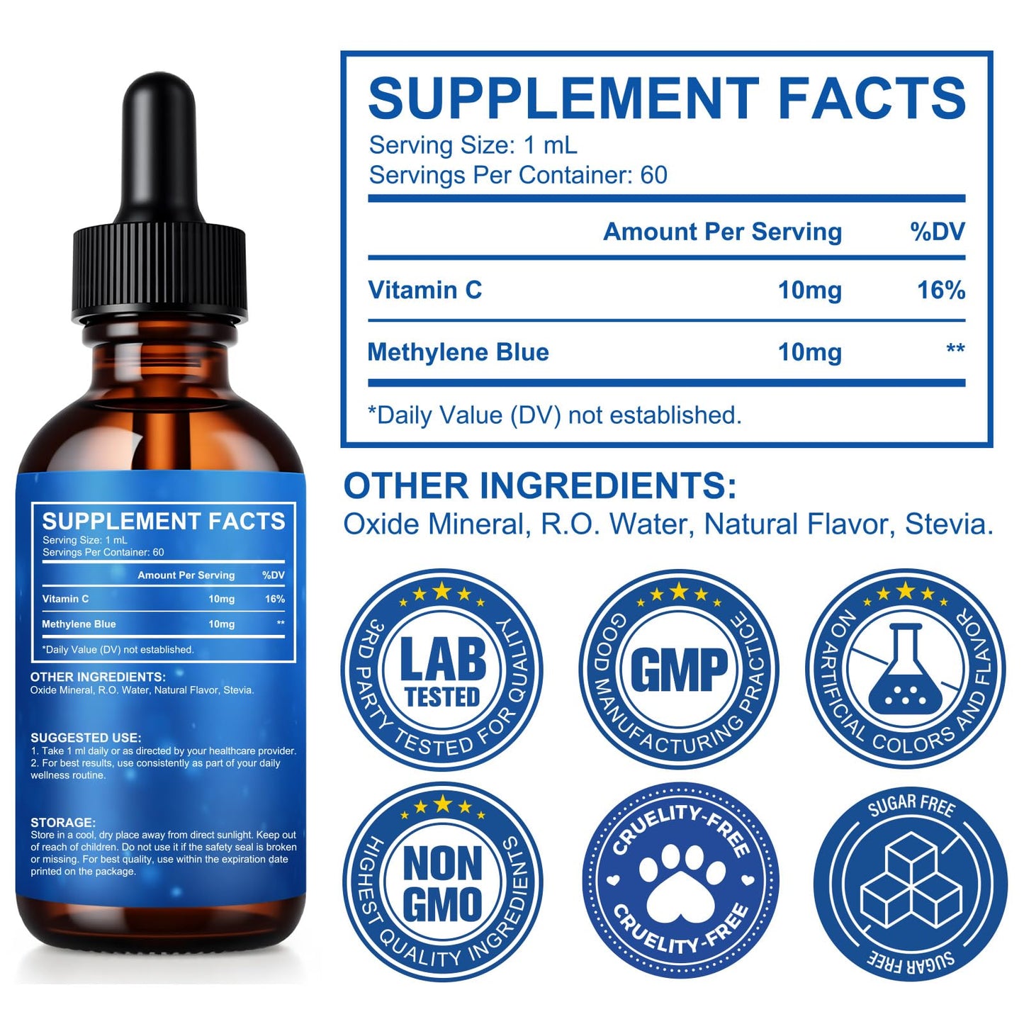 Methylene Blue 1% Solution – Pharmaceutical Grade Drops (2 oz Glass Bottle)