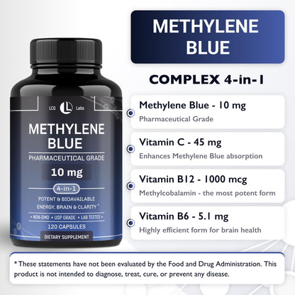 LCG LABS Methylene Blue 10 mg Capsules – Vitamin C, B6 & B12 – Energy, Brain & Focus – Made in USA (120 Capsules, 4-Month Supply)
