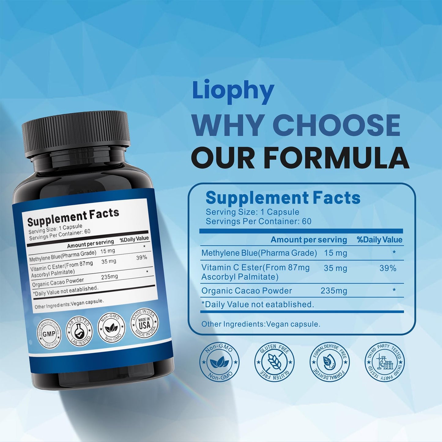 Liophy Methylene Blue Capsules – Premium 99% Methylene Blue with Vitamin C Ester | 60 Capsules Dietary Supplement