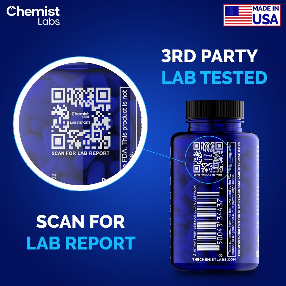 Chemist Labs Methylene Blue Capsules – USP Grade 99% Purity, Made in USA (120 Count)