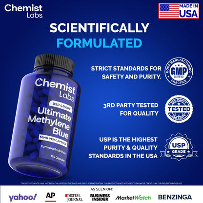Chemist Labs Methylene Blue Capsules – USP Grade 99% Purity, Made in USA (120 Count)