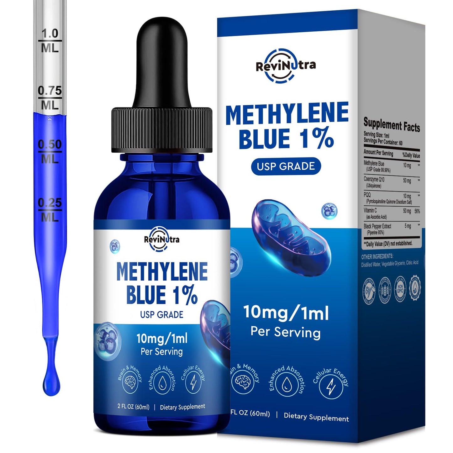 Methylene Blue Drops | USP Grade 1% Liquid for Brain Health — CoQ10, PQQ, Vitamin C, Piperine | 2 fl oz