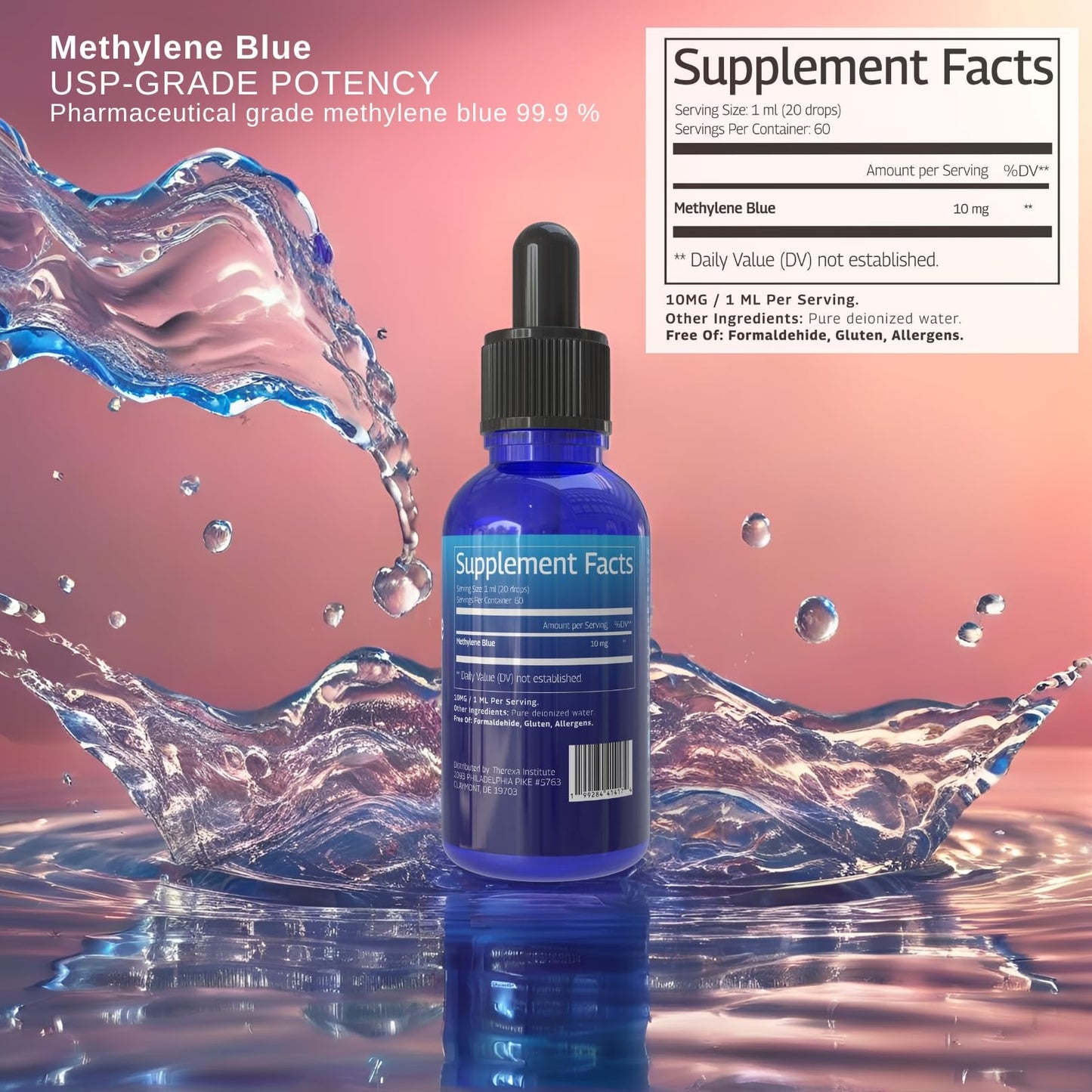 THEREXA Methylene Blue 1% Drops – USP Grade, 10 mg/mL, Formaldehyde-Free, cGMP Bottled (2 fl oz)
