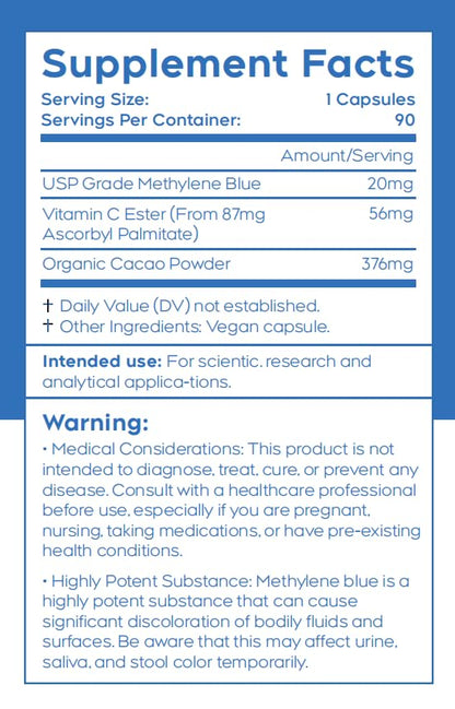Methylene Blue USP-Grade Capsules 20mg - 60 Vegan Capsules with Vitamin C Ester and Organic Cacao