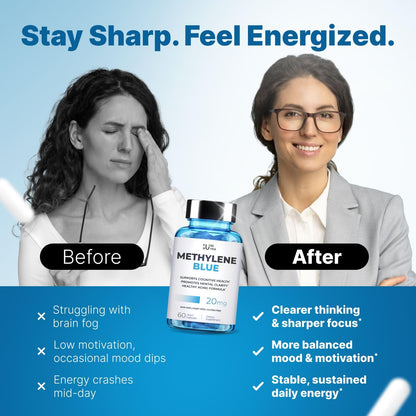 Ultimate Methylene Blue Capsules 20mg – Focus, Memory & Brain Health | Pharmaceutical Grade 2% (60 Count)