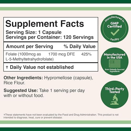 Double Wood Methylfolate 1,000mcg, 120 Capsules – Third-Party Tested
