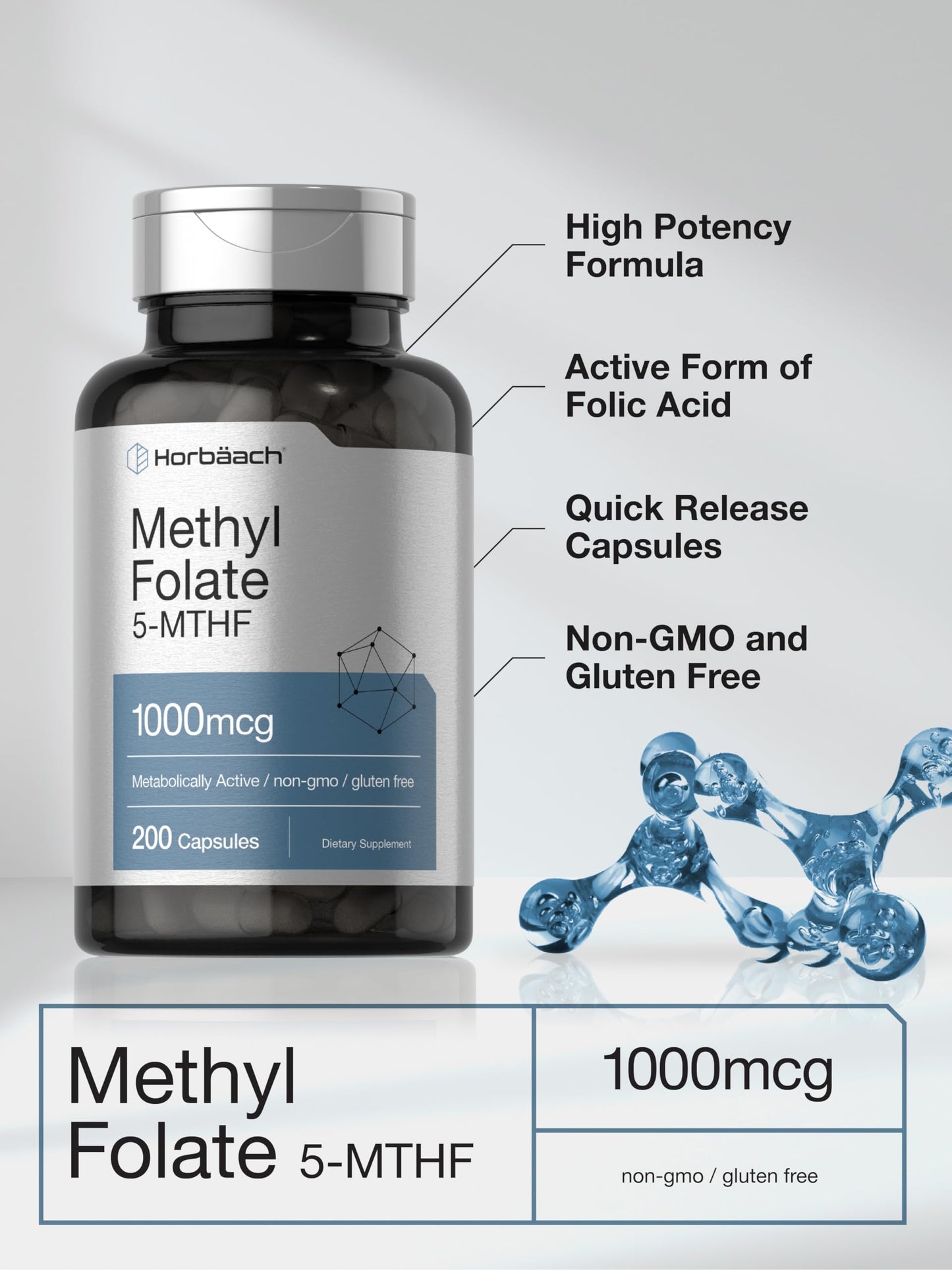 Horbäach Methyl Folate 1000 mcg | 200 Capsules | 5-MTHF | Non-GMO, Gluten Free
