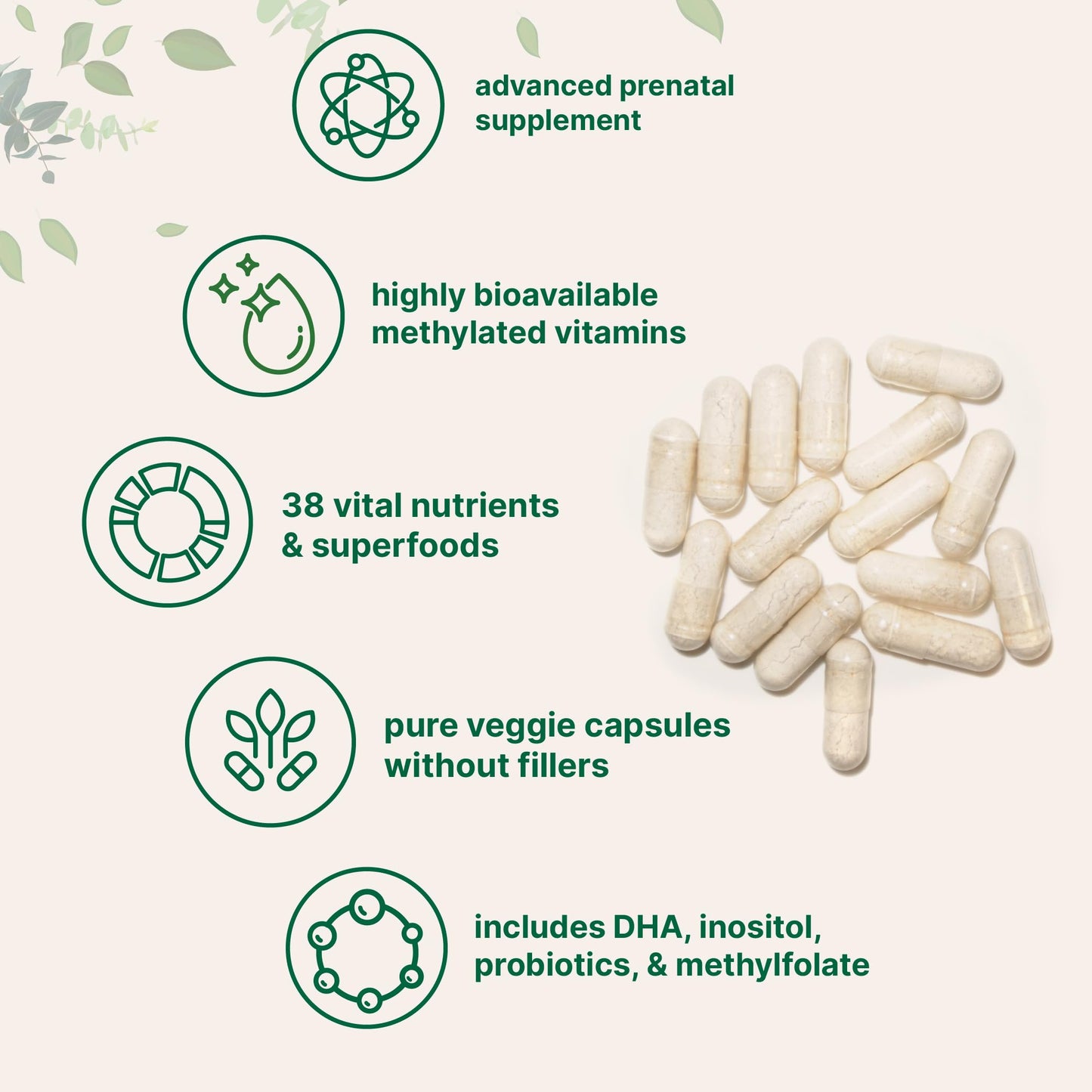 Pure Methylated Prenatal Vitamins for Women — 240 Veggie Capsules | 38 Vital Nutrients with DHA, Choline, Probiotics, Ginger, Inositol, & Methylfolate + Iron | No Fillers