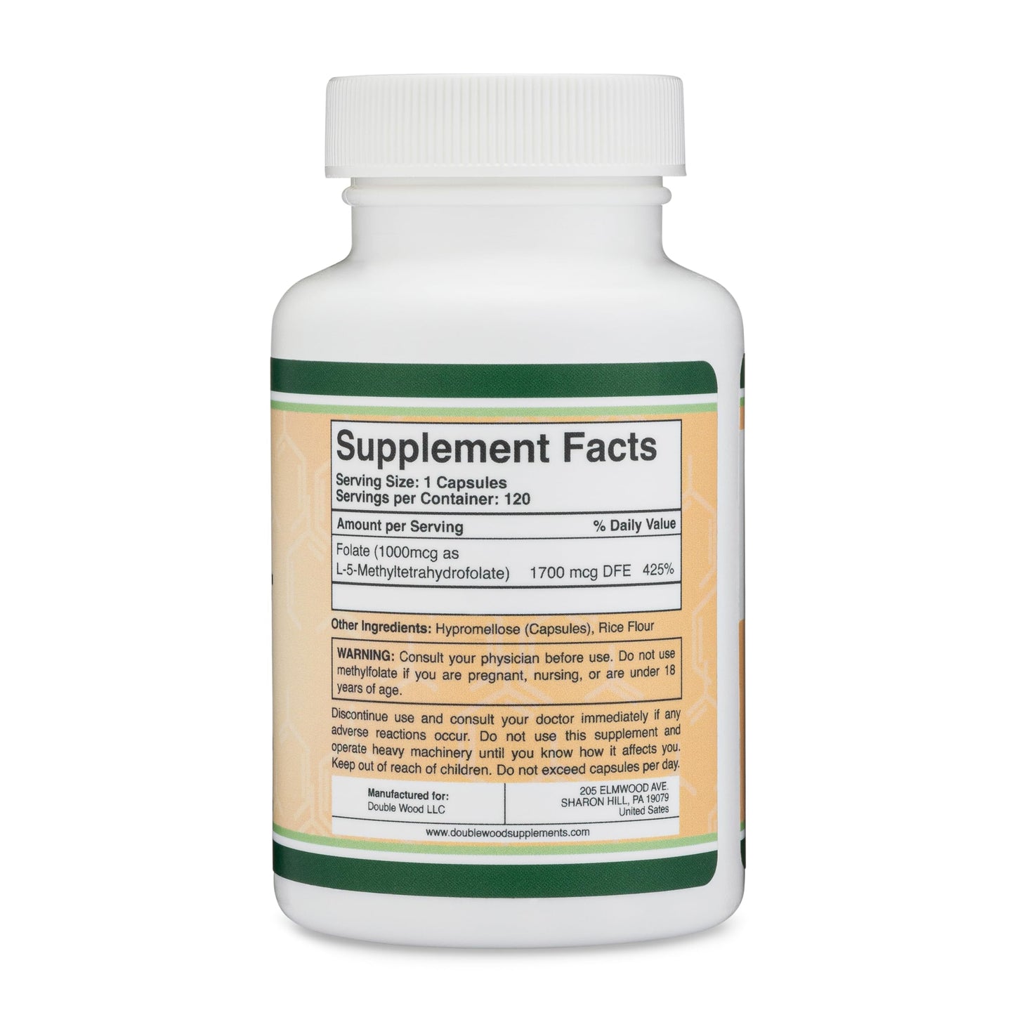 Methylfolate 1,000mcg, 120 Capsules – Pack of 2 | Double Wood – Third-Party Tested, Non-GMO, Vegan