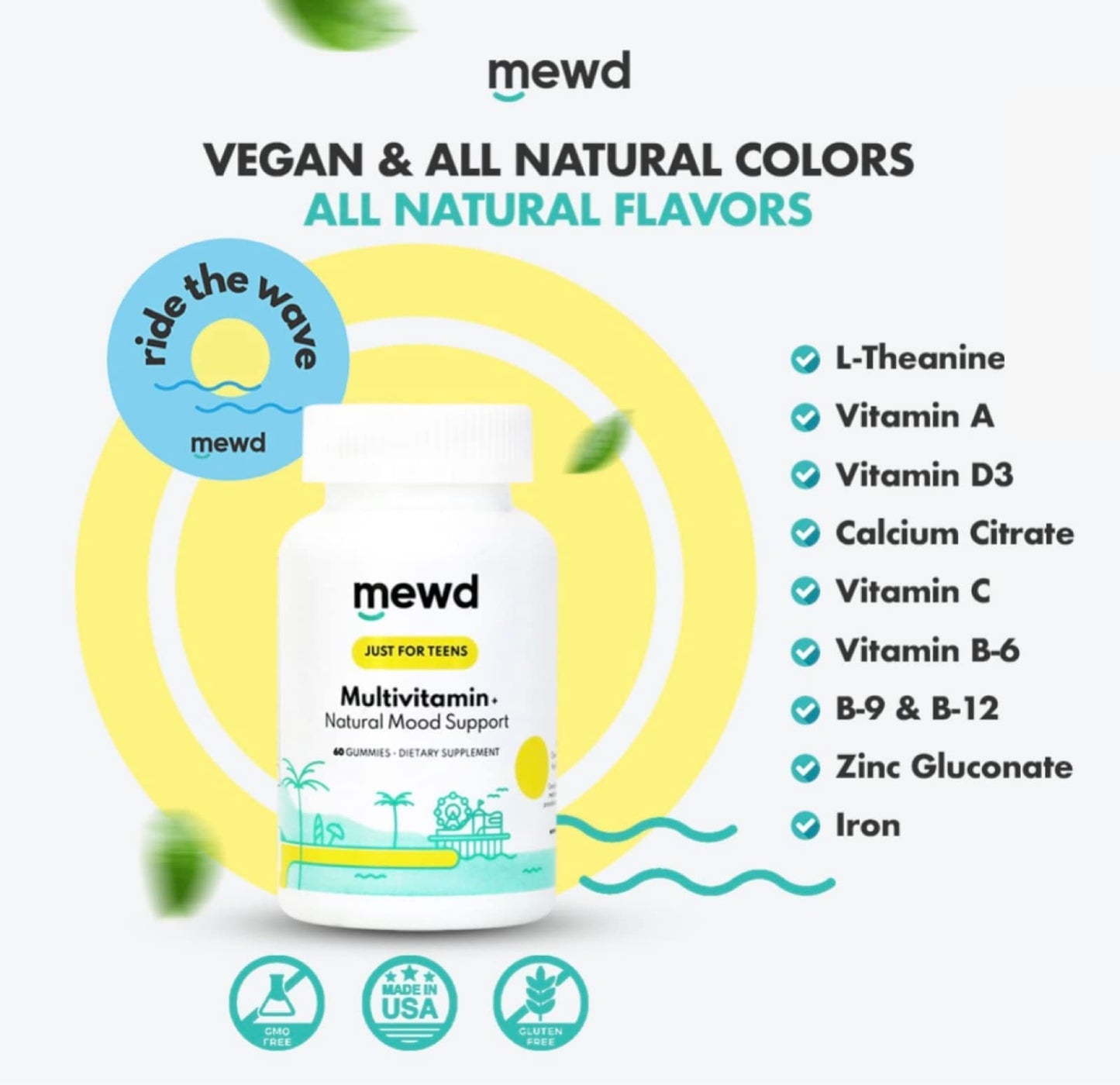 MEWD Teen/Kids Daily Multivitamin Gummy - Mood, Focus & Immunity | Vegan, Gluten Free, Made in USA