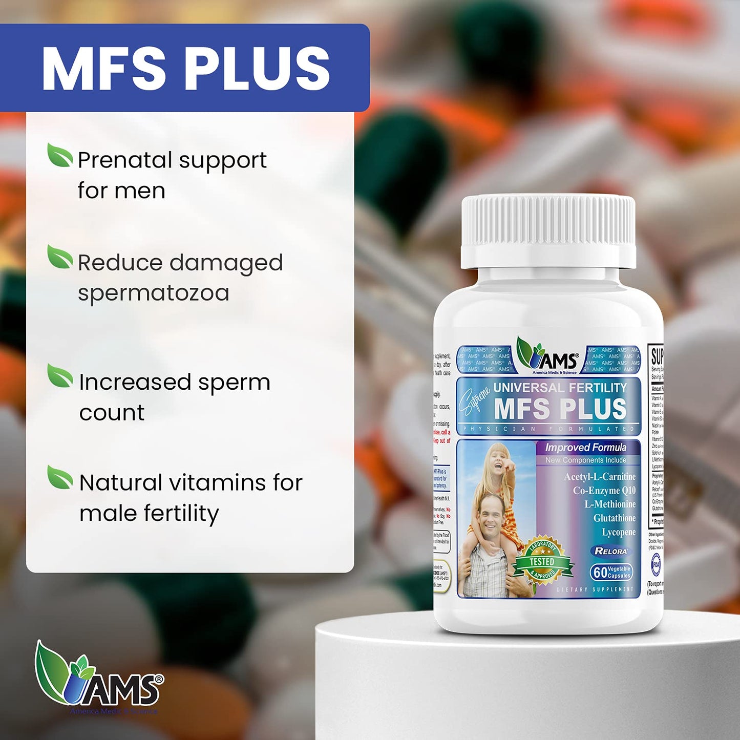 MFS Plus Fertility Supplements for Men - America Medic & Science | Sperm Count & Motility Support, Zinc & CoQ10, 60 Capsules