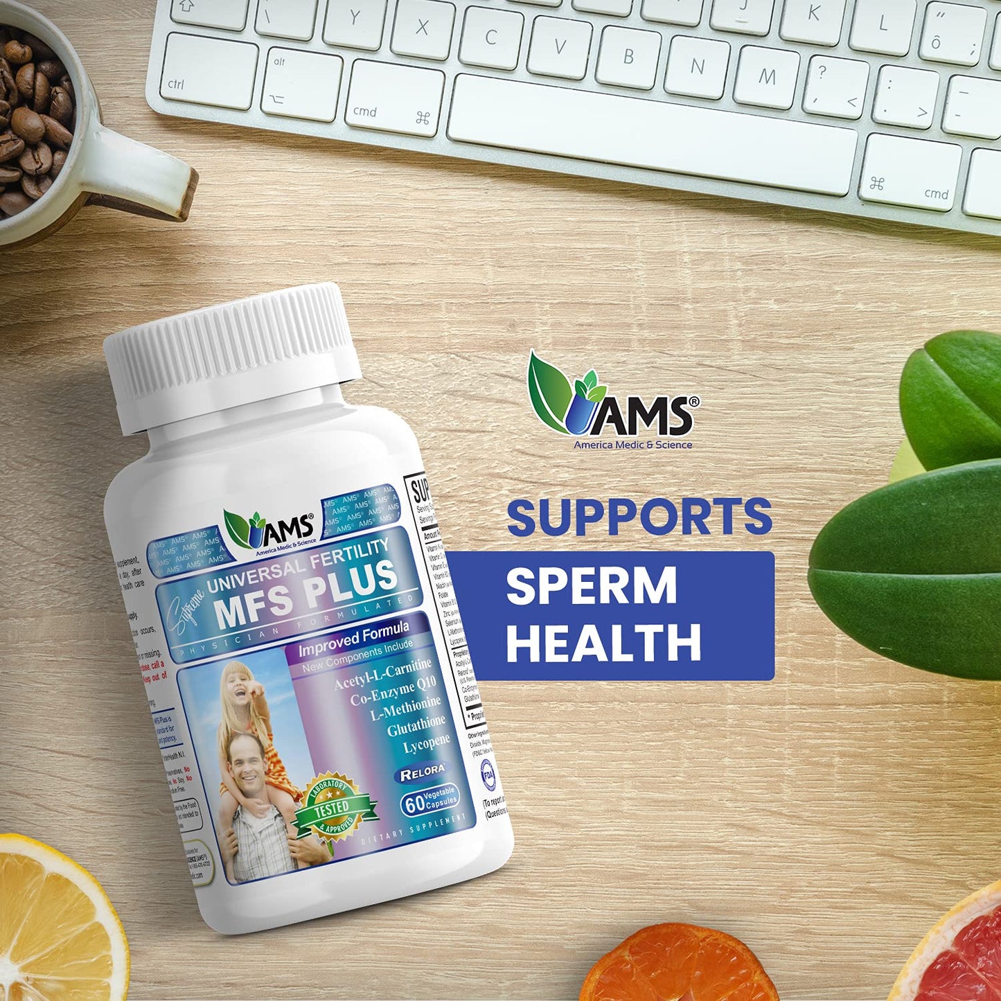 MFS Plus Fertility Supplements for Men - America Medic & Science | Sperm Count & Motility Support, Zinc & CoQ10, 60 Capsules