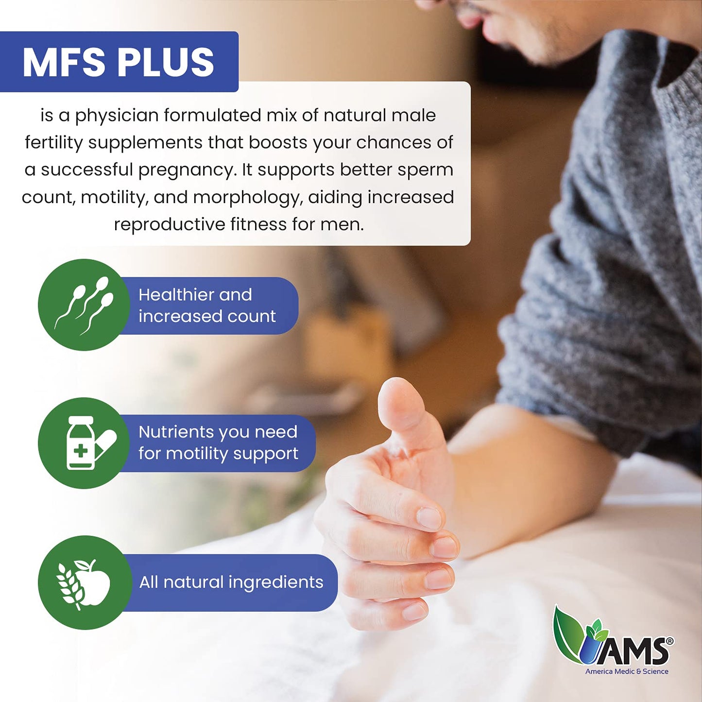 MFS Plus Fertility Supplements for Men - America Medic & Science | Sperm Count & Motility Support, Zinc & CoQ10, 60 Capsules