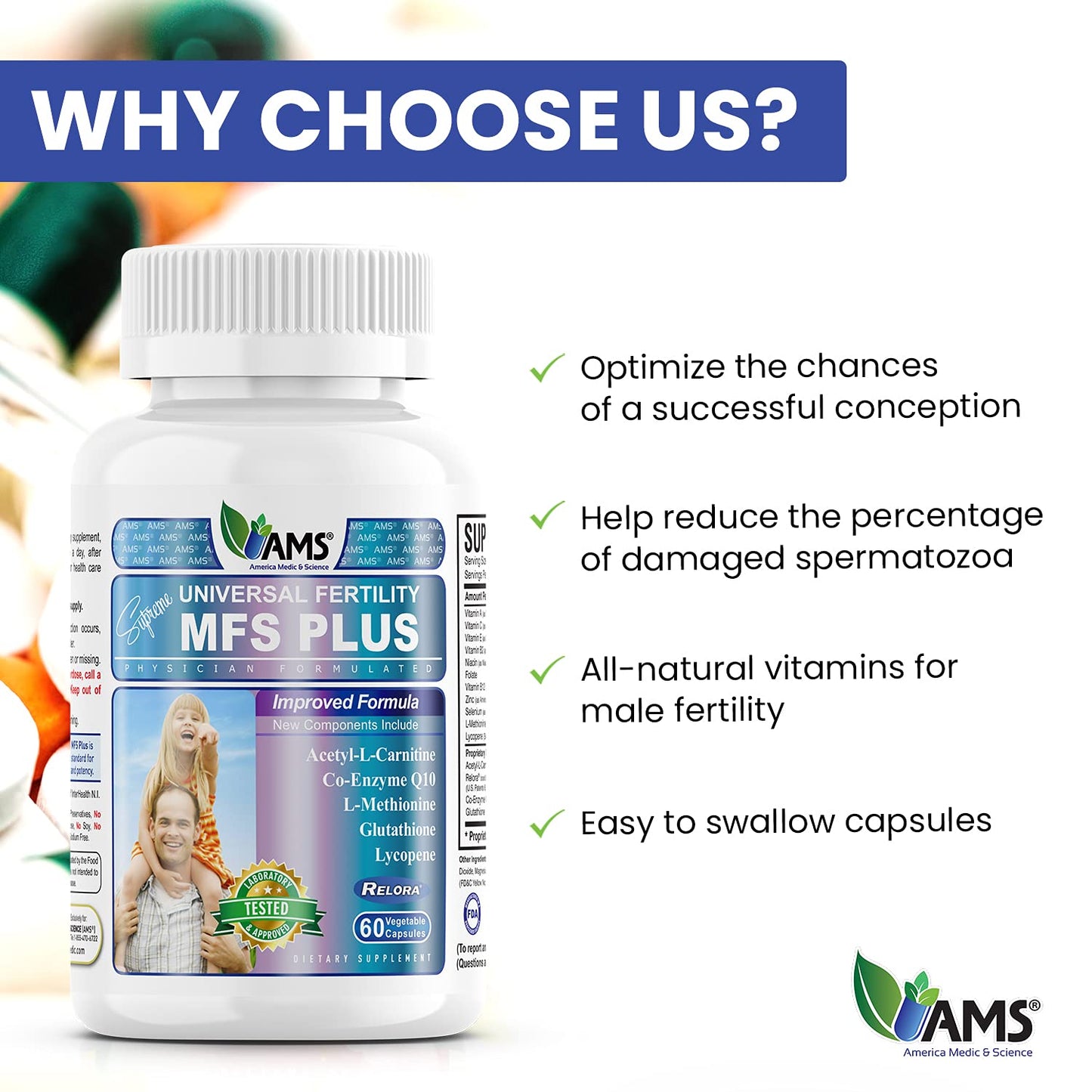 MFS Plus Fertility Supplements for Men - America Medic & Science | Sperm Count & Motility Support, Zinc & CoQ10, 60 Capsules