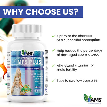 MFS Plus Fertility Supplements for Men - America Medic & Science | Sperm Count & Motility Support, Zinc & CoQ10, 60 Capsules