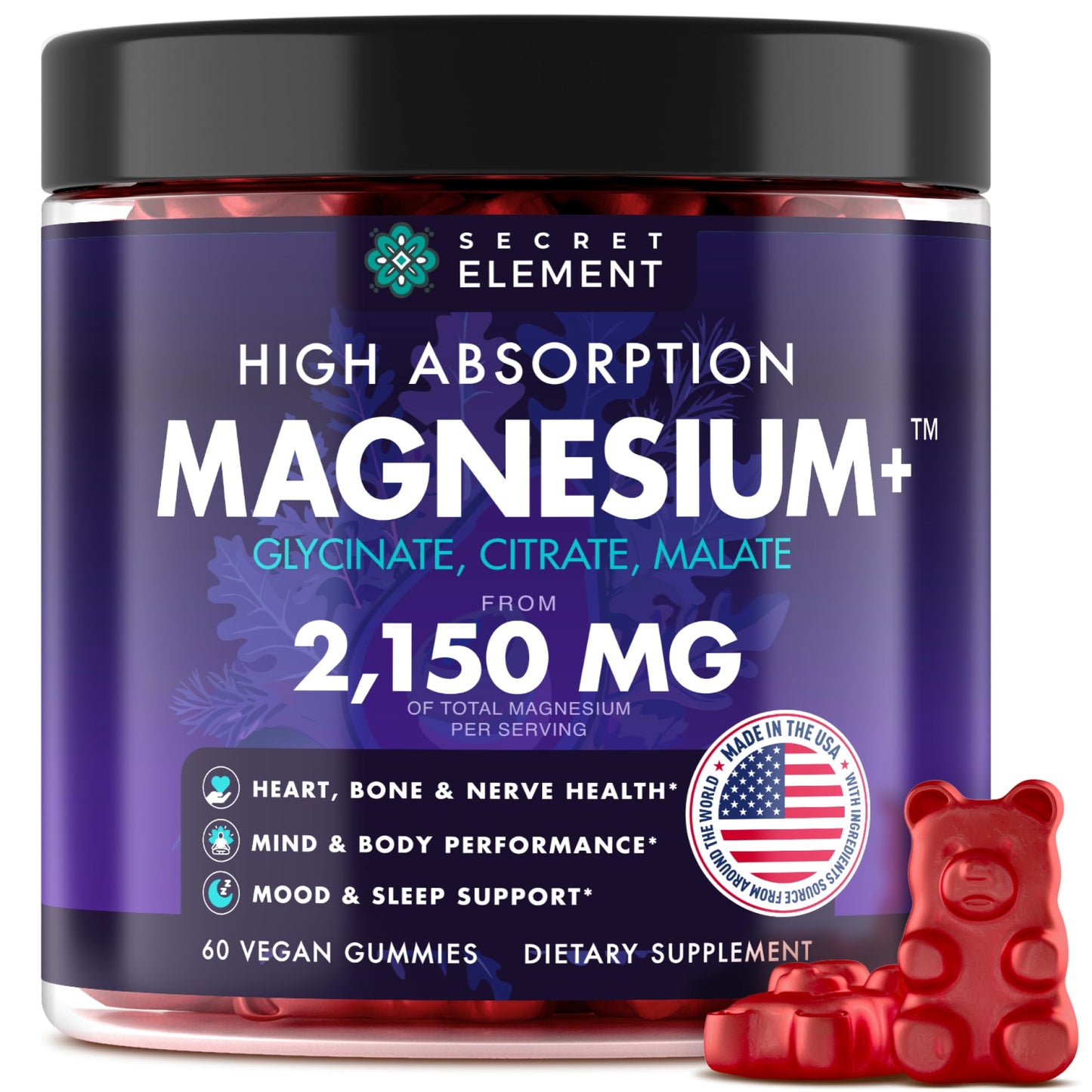 Magnesium Glycinate 2150 MG Gummies – High-Absorption, Sugar-Free, Vegan (Cherry) | 60 Gummies